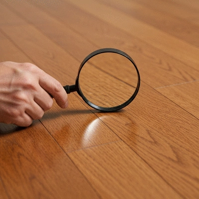 Close up of a professional inspecting a polished hardwood floor for surface scratches