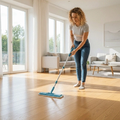 Homeowner cleaning high-quality oak wood flooring with a specialized microfiber mop