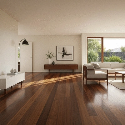Modern living room with polished Australian Blackbutt hardwood flooring
