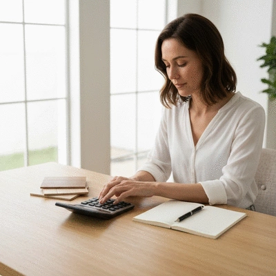 Person using calculator and looking at flooring samples on a wooden desk