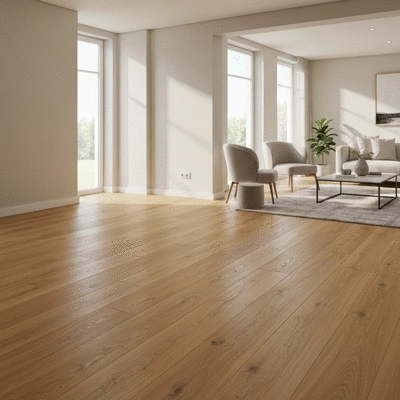 Modern living room with polished oak hardwood flooring and natural sunlight