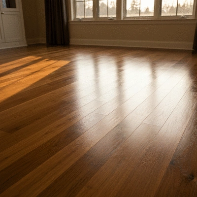 Close up of a finished polished hardwood floor in a sunlit room