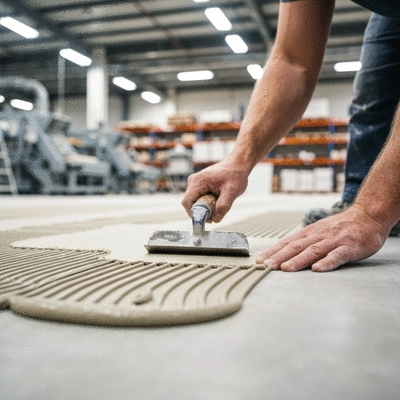 Professional flooring installer applying adhesive to subfloor for direct stick installation