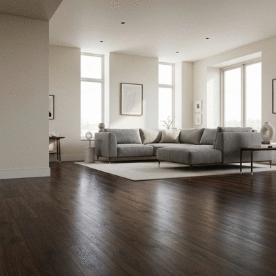 Modern living room with polished dark hickory hardwood floors