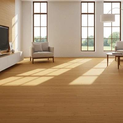 Modern living room showcasing sustainable light-colored bamboo flooring planks