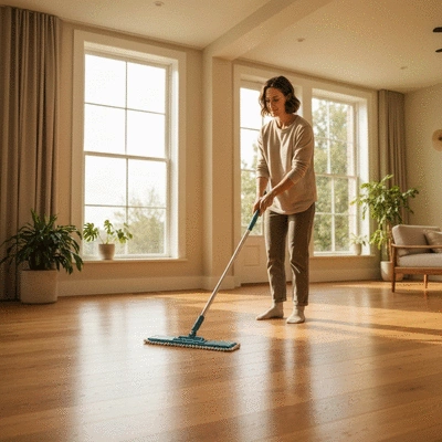 Professional cleaning wood floor with microfiber mop