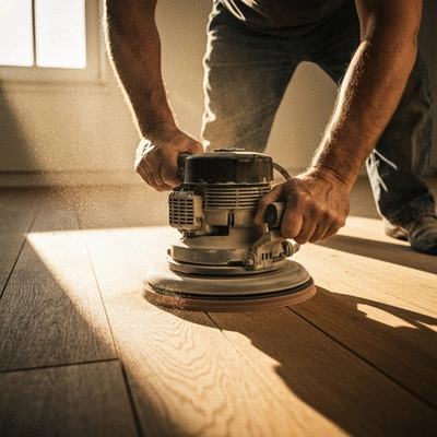 Worker sanding a natural oak hardwood floor with professional equipment