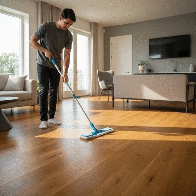 Person using a soft microfiber mop on a clean oak hardwood floor