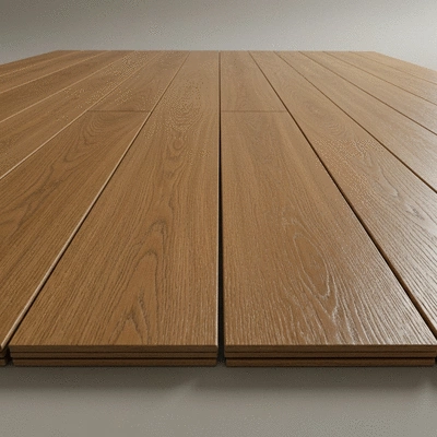 Modern engineered oak flooring planks laid out on a white floor