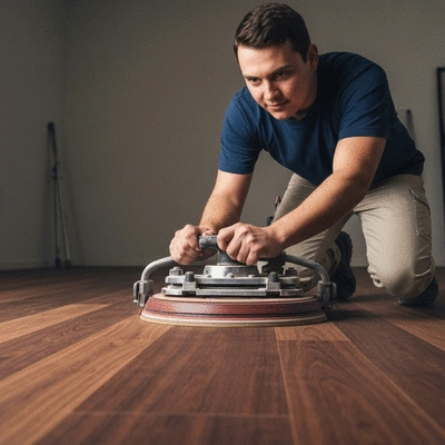 Professional wood floor technician using industrial sanding equipment on a large residential floor
