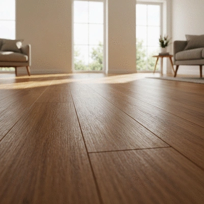 Clean polished oak hardwood floor in a bright modern living room