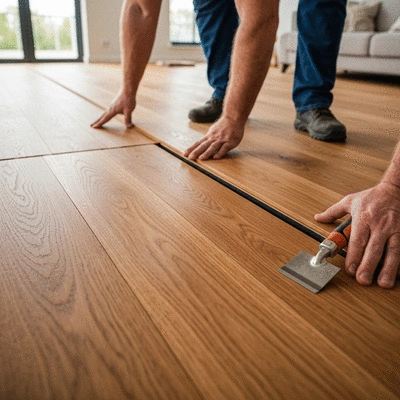 Professional installers laying oak hardwood planks in a modern living room