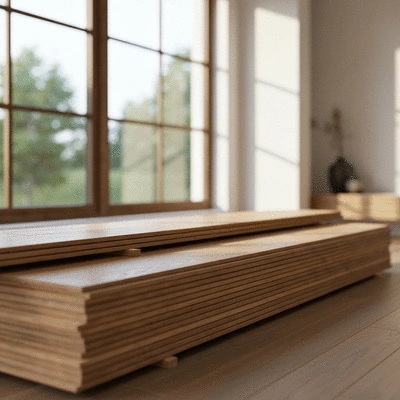 Close up of oak hardwood planks acclimating in a living room