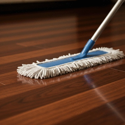 Microfiber mop cleaning a high-quality walnut wood floor surface