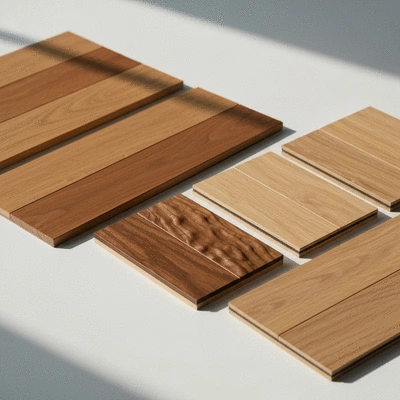 Samples of different wood flooring types on a white surface