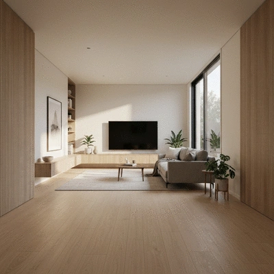 Modern living room with light colored engineered timber flooring and sunlight