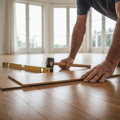 Professional installer laying hardwood floor planks