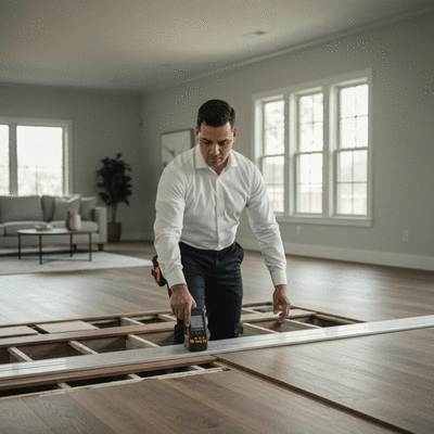 Professional flooring expert measuring a room for hardwood installation