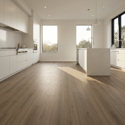 Modern kitchen with elegant wood-look flooring and sunlight