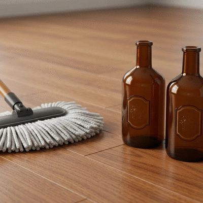 Close up of professional hardwood floor cleaning tools and high-quality wood finish bottles